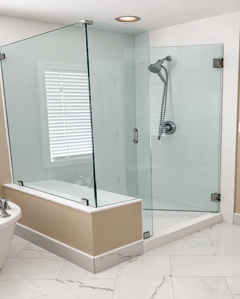 Custom solid surface shower base and bench installation